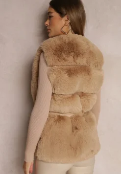 Beżowa Kamizelka z Futerka i Ekoskóry Wiązana w Pasie Ondoli