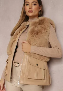 Beżowa Kamizelka z Futerka i Ekoskóry Wiązana w Pasie Ondoli
