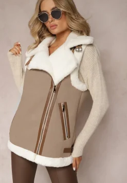 Beżowa Kamizelka Bezrękawnik z Asymetrycznym Zapięciem i Futerkiem Sadarra