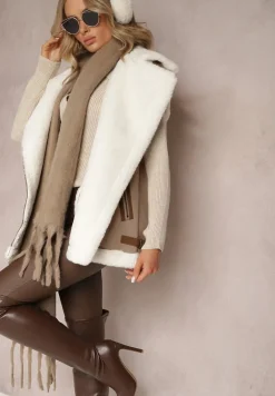 Beżowa Kamizelka Bezrękawnik z Asymetrycznym Zapięciem i Futerkiem Sadarra