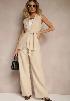 Beżowa Kamizelka Garniturowa z Paskiem Viviselle