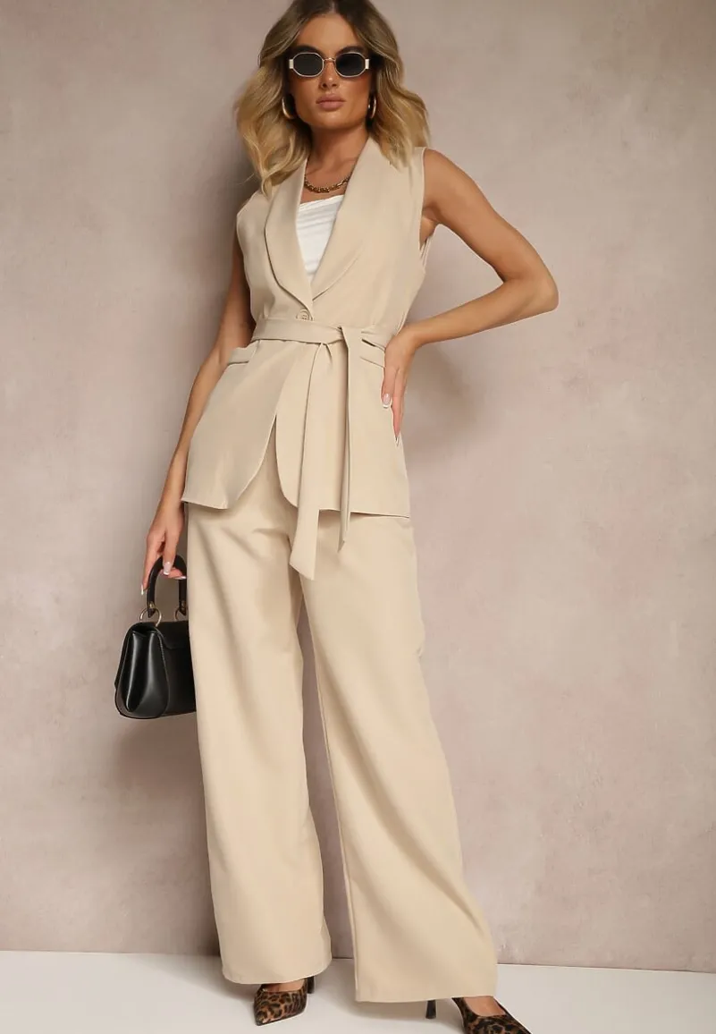 Beżowa Kamizelka Garniturowa z Paskiem Viviselle