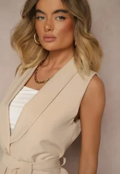 Beżowa Kamizelka Garniturowa z Paskiem Viviselle