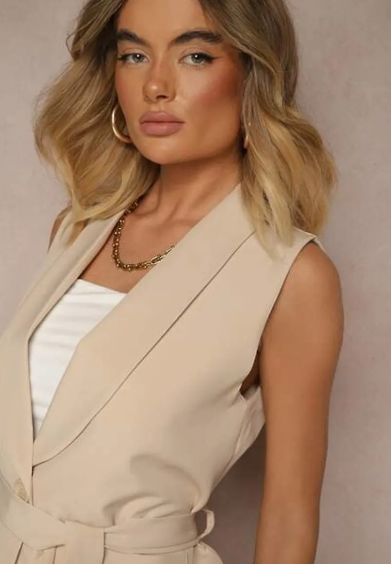 Beżowa Kamizelka Garniturowa z Paskiem Viviselle