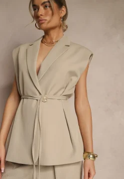 Beżowa Kamizelka Garniturowa z Usztywnianymi Ramionami Ozdobiona Wiązaniem Dannelia