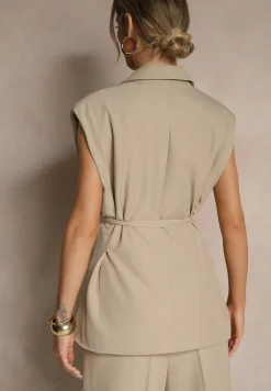 Beżowa Kamizelka Garniturowa z Usztywnianymi Ramionami Ozdobiona Wiązaniem Dannelia