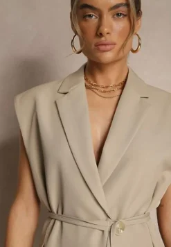 Beżowa Kamizelka Garniturowa z Usztywnianymi Ramionami Ozdobiona Wiązaniem Dannelia