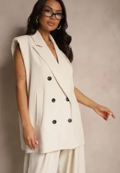 Beżowa Kamizelka Garniturowa o Dwurzędowym Kroju z Gąbkami w Ramionach Lanethea