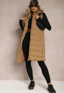 Beżowa Kamizelka o Wydłużonym Fasonie z Pikowaniem i Kieszeniami Banuni