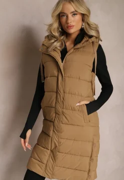 Beżowa Kamizelka o Wydłużonym Fasonie z Pikowaniem i Kieszeniami Banuni