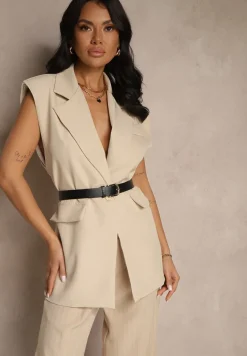 Beżowa Kamizelka Oversize w Garniturowym Stylu z Guzikiem i Paskiem z Klamrą Galazia
