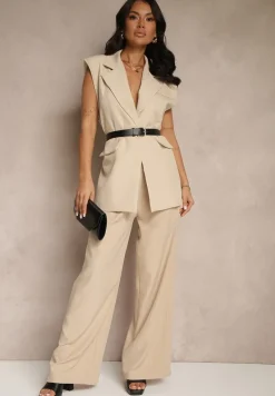 Beżowa Kamizelka Oversize w Garniturowym Stylu z Guzikiem i Paskiem z Klamrą Galazia