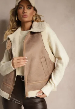 Beżowa Kamizelka Ozdobiona Wstawkami z Futerka Reaelia