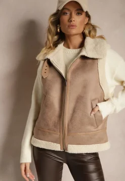 Beżowa Kamizelka Ozdobiona Wstawkami z Futerka Reaelia