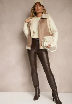 Beżowa Kamizelka Ozdobiona Wstawkami z Futerka Reaelia