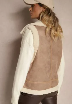 Beżowa Kamizelka Ozdobiona Wstawkami z Futerka Reaelia