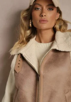 Beżowa Kamizelka Ozdobiona Wstawkami z Futerka Reaelia