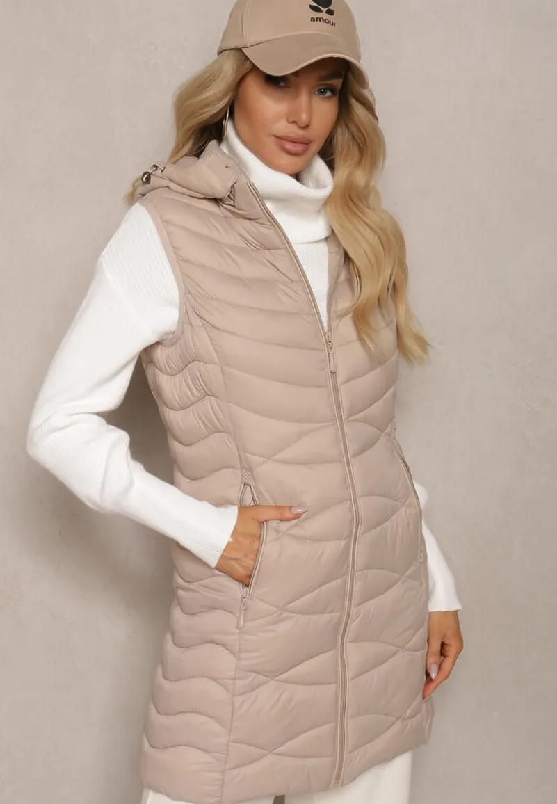 Beżowa Kamizelka Pikowana z Kieszeniami i Odpinanym Kapturem Sailenne