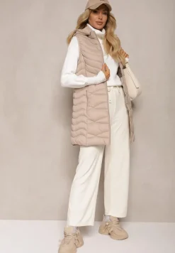 Beżowa Kamizelka Pikowana z Kieszeniami i Odpinanym Kapturem Sailenne