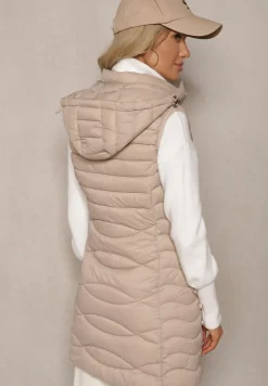 Beżowa Kamizelka Pikowana z Kieszeniami i Odpinanym Kapturem Sailenne