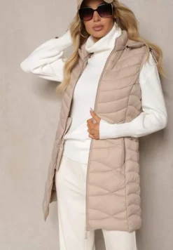 Beżowa Kamizelka Pikowana z Kieszeniami i Odpinanym Kapturem Sailenne