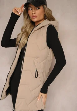 Beżowa Kamizelka Pikowana o Długim Kroju z Kapturem Zapinana na Suwak Terilenes
