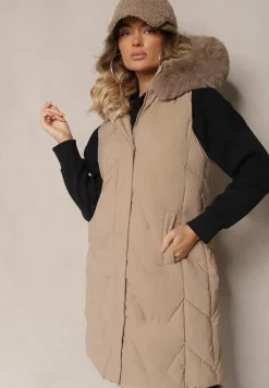 Beżowa Kamizelka Pikowana z Kapturem i Odczepianym Futerkiem Innaleia