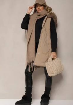 Beżowa Kamizelka Pikowana z Kapturem i Odczepianym Futerkiem Innaleia