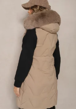 Beżowa Kamizelka Pikowana z Kapturem i Odczepianym Futerkiem Innaleia