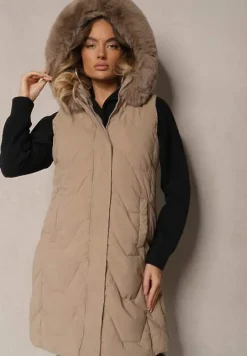 Beżowa Kamizelka Pikowana z Kapturem i Odczepianym Futerkiem Innaleia