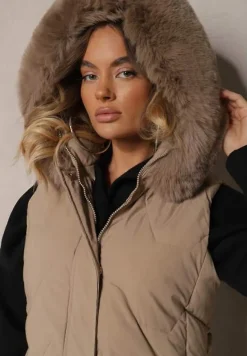 Beżowa Kamizelka Pikowana z Kapturem i Odczepianym Futerkiem Innaleia