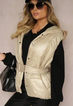 Beżowa Kamizelka Pikowana z Kapturem Ozdobiona Paskiem Erienni