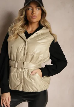 Beżowa Kamizelka Pikowana z Kapturem Ozdobiona Paskiem Erienni