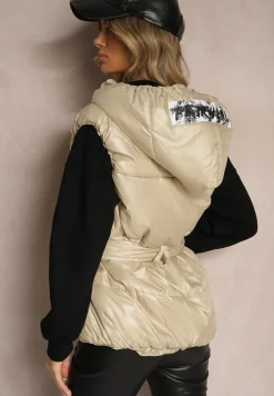 Beżowa Kamizelka Pikowana z Kapturem Ozdobiona Paskiem Erienni