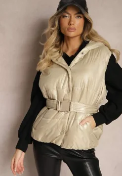 Beżowa Kamizelka Pikowana z Kapturem Ozdobiona Paskiem Erienni