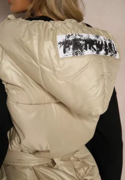 Beżowa Kamizelka Pikowana z Kapturem Ozdobiona Paskiem Erienni