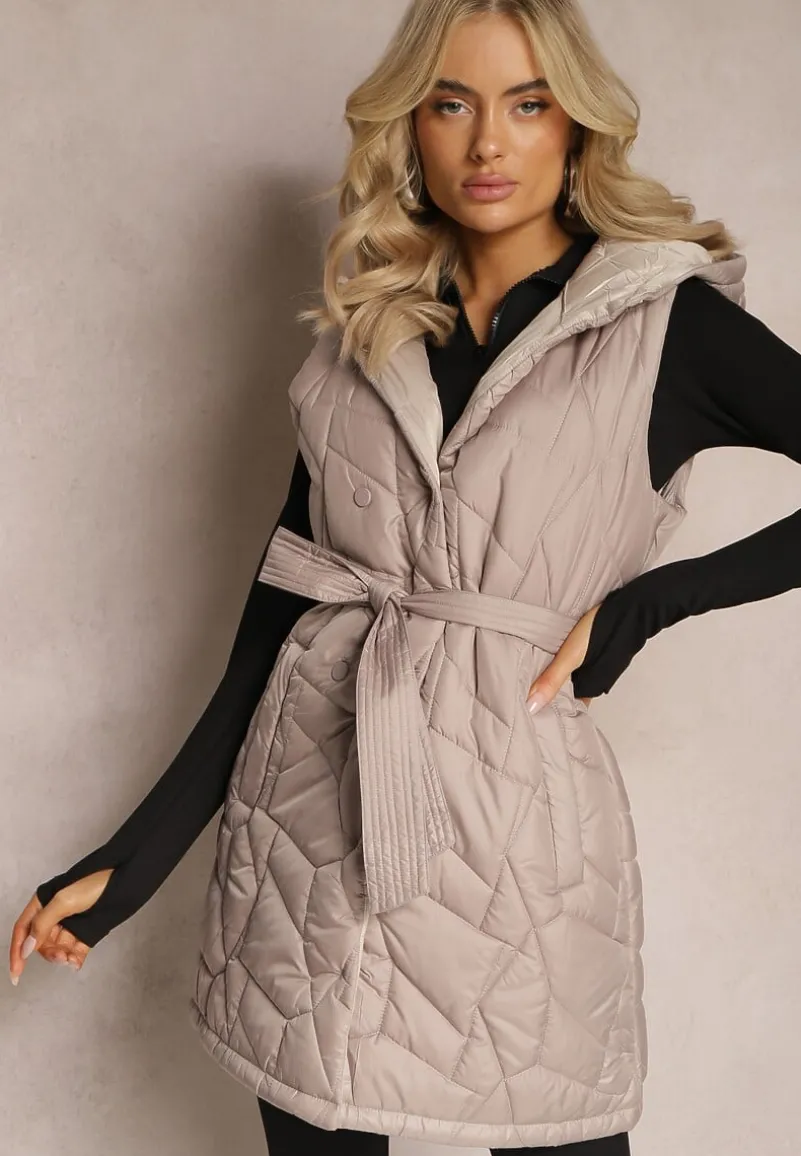 Beżowa Kamizelka Pikowana z Kapturem i Wiązanym Paskiem Panolis