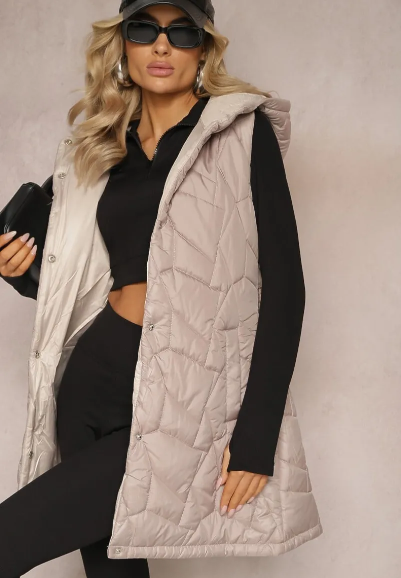 Beżowa Kamizelka Pikowana z Kapturem i Wiązanym Paskiem Panolis