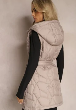 Beżowa Kamizelka Pikowana z Kapturem i Wiązanym Paskiem Panolis