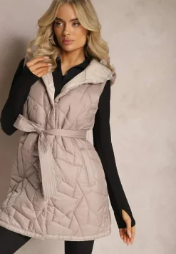 Beżowa Kamizelka Pikowana z Kapturem i Wiązanym Paskiem Panolis