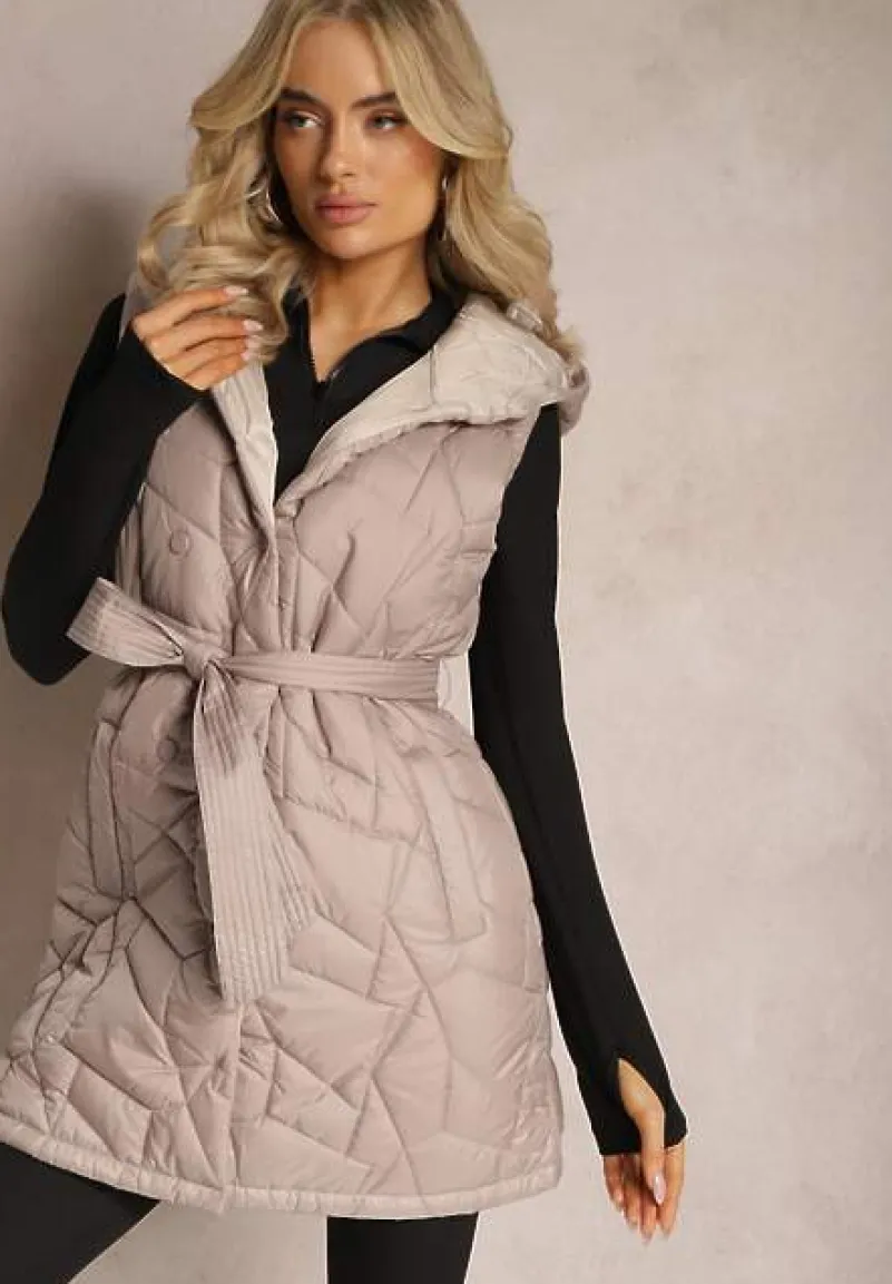 Beżowa Kamizelka Pikowana z Kapturem i Wiązanym Paskiem Panolis