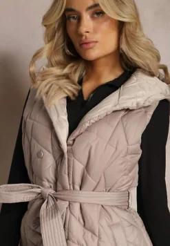 Beżowa Kamizelka Pikowana z Kapturem i Wiązanym Paskiem Panolis