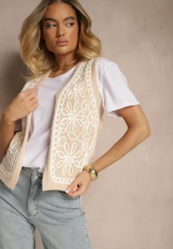 Beżowa Kamizelka Sweterkowa z Wiskozą i Wzorem Kwiatów Sanorina