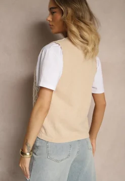 Beżowa Kamizelka Sweterkowa z Wiskozą i Wzorem Kwiatów Sanorina