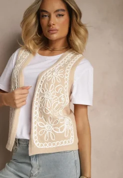 Beżowa Kamizelka Sweterkowa z Wiskozą i Wzorem Kwiatów Sanorina