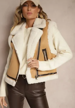 Beżowa Kamizelka Typu Biker Ozdobiona Wstawkami z Futerka w Stylu Baranka Zinnathine
