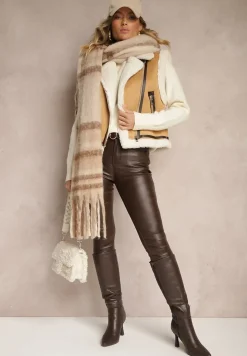 Beżowa Kamizelka Typu Biker Ozdobiona Wstawkami z Futerka w Stylu Baranka Zinnathine