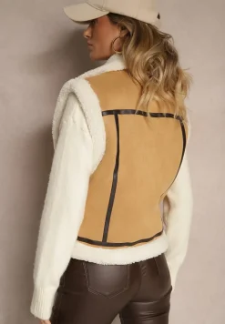 Beżowa Kamizelka Typu Biker Ozdobiona Wstawkami z Futerka w Stylu Baranka Zinnathine