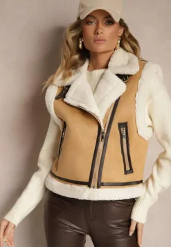 Beżowa Kamizelka Typu Biker Ozdobiona Wstawkami z Futerka w Stylu Baranka Zinnathine