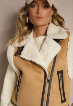 Beżowa Kamizelka Typu Biker Ozdobiona Wstawkami z Futerka w Stylu Baranka Zinnathine